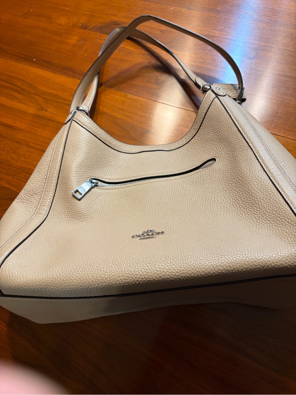 Coach Pebbled Leather Shoulder Hobo in Beige with Black Trim